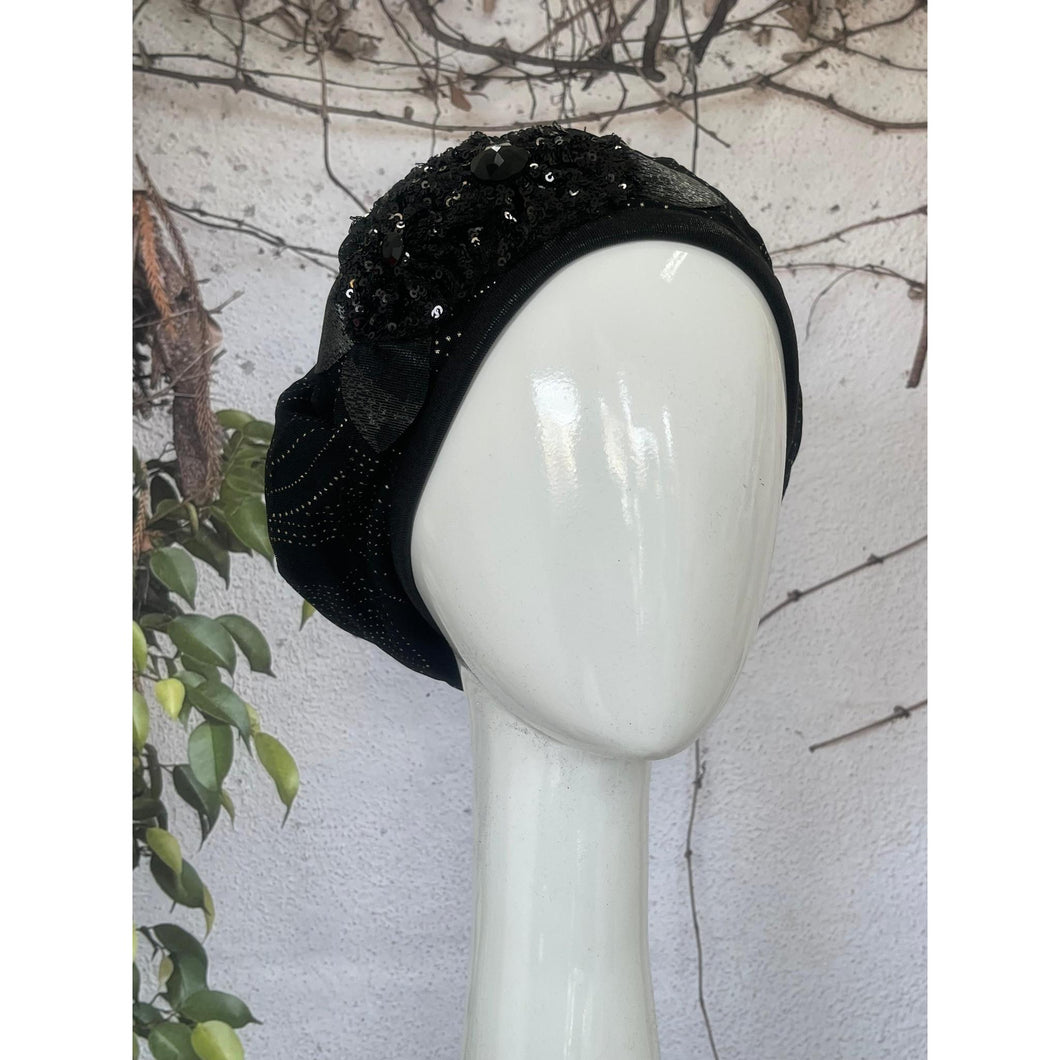 Embellished Hat - Size #2 Black Print Sequins-Hat-The Little Tichel Lady