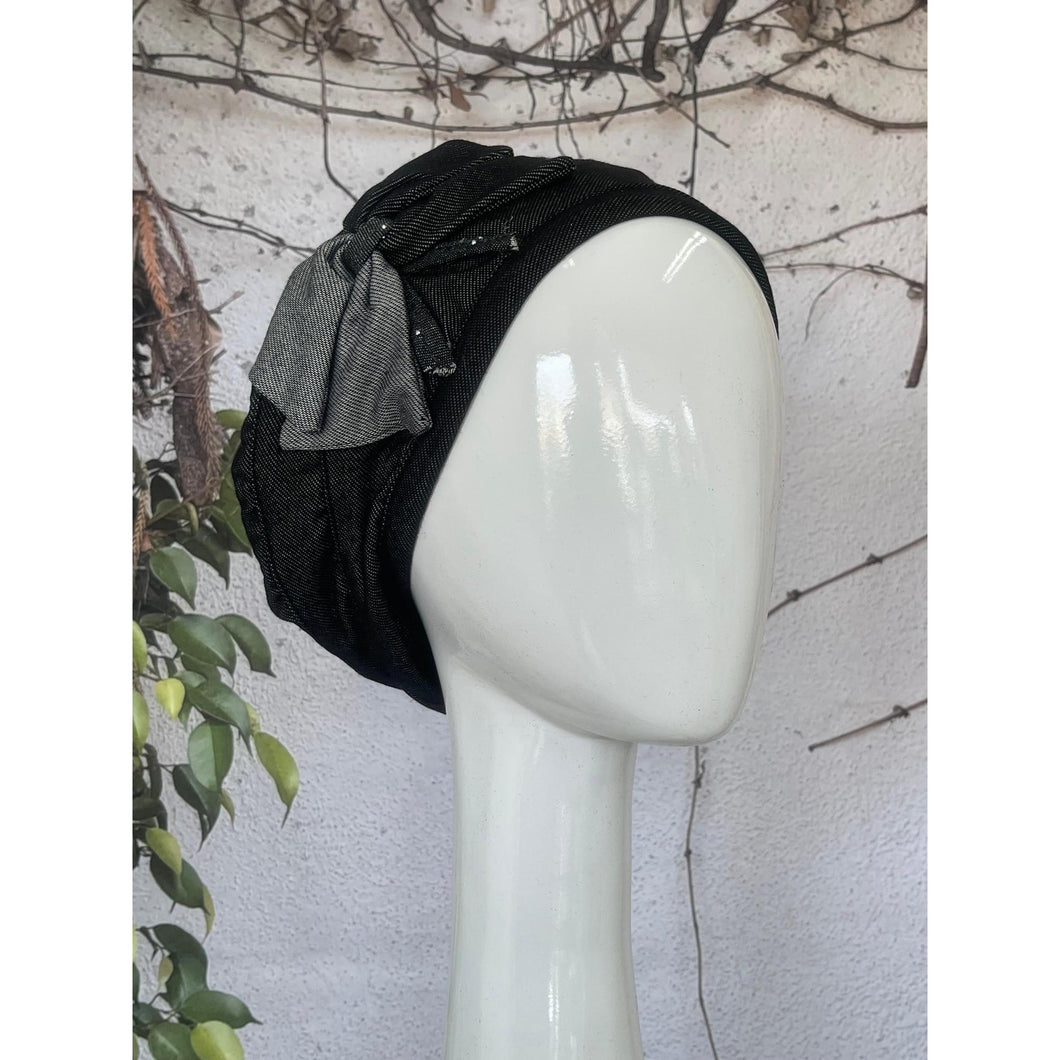 Embellished Hat - Size #2 Black Denim Bow-Hat-The Little Tichel Lady