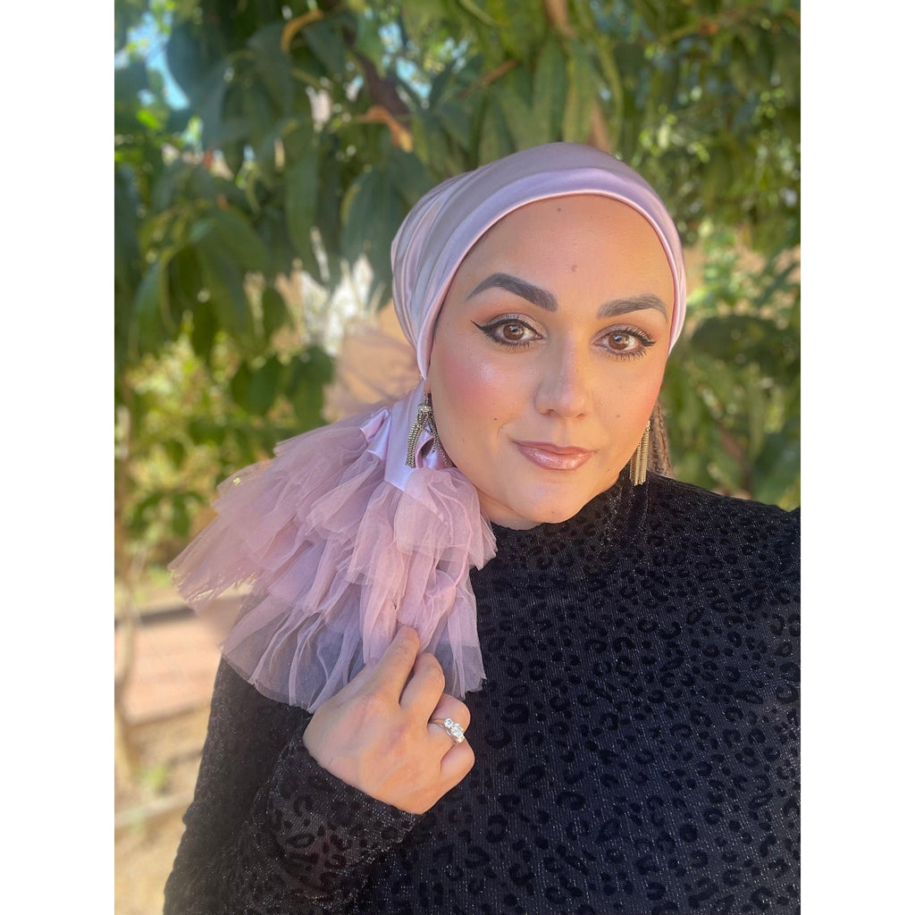 Evening Headscarf w/ Tulle, Rinati Lakel - Cool Tone Pink  display picture 3