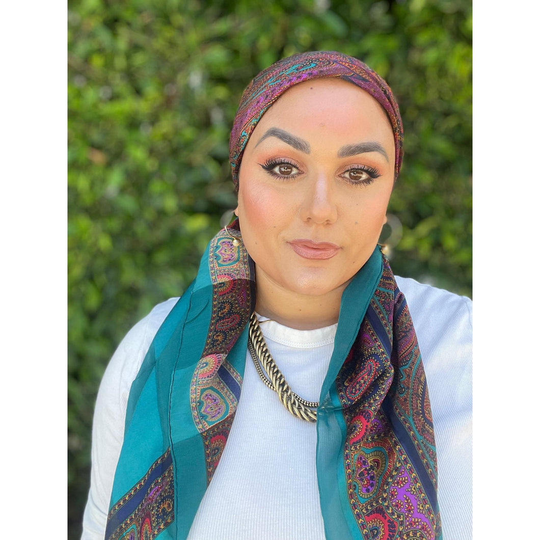 YSL Authentic Designer Headscarf, Turquoise Paisley-Designer headscarf-The Little Tichel Lady