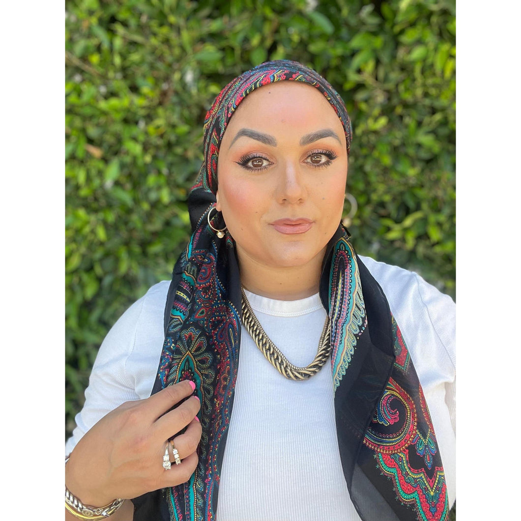 YSL Authentic Designer Headscarf, Black Paisley-Designer headscarf-The Little Tichel Lady