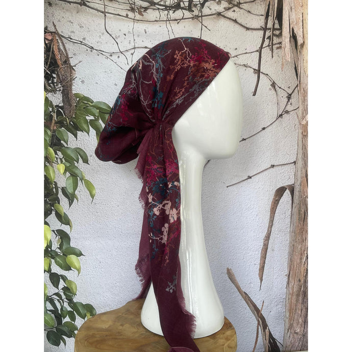 Turkish Cotton Textured Print Pretied w/ Long Tails - Tree of Life, Wine-pretieds-The Little Tichel Lady