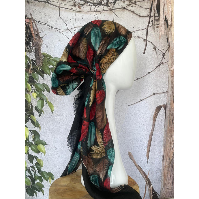 Turkish Cotton Textured Print Pretied w/ Long Tails - Falling Leaves, Black-pretieds-The Little Tichel Lady