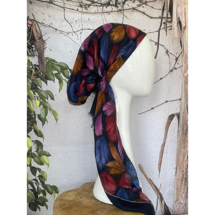 Turkish Cotton Textured Print Pretied w/ Long Tails - Falling Leaves, Navy-pretieds-The Little Tichel Lady