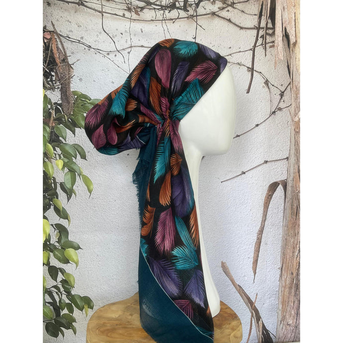 Turkish Cotton Textured Print Pretied w/ Long Tails - Falling Leaves, Teal-pretieds-The Little Tichel Lady