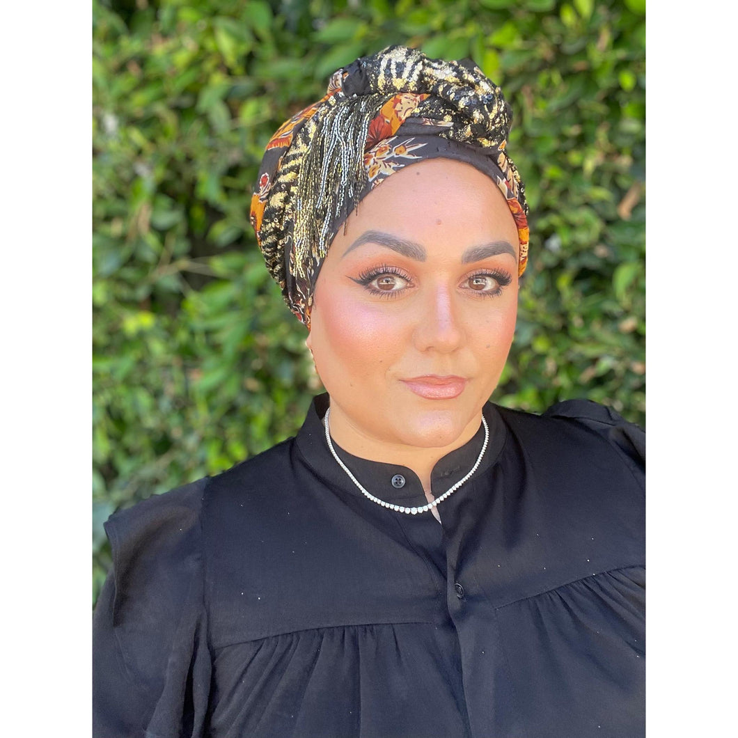 Luxe Sequins & Floral Headwrap - Black/Rust Floral-Long Wrap-The Little Tichel Lady