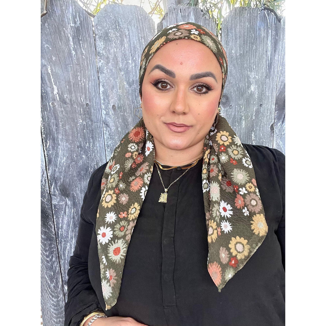 Mod Bloom Waffled Print Square Tichel - Olive-Squares-The Little Tichel Lady