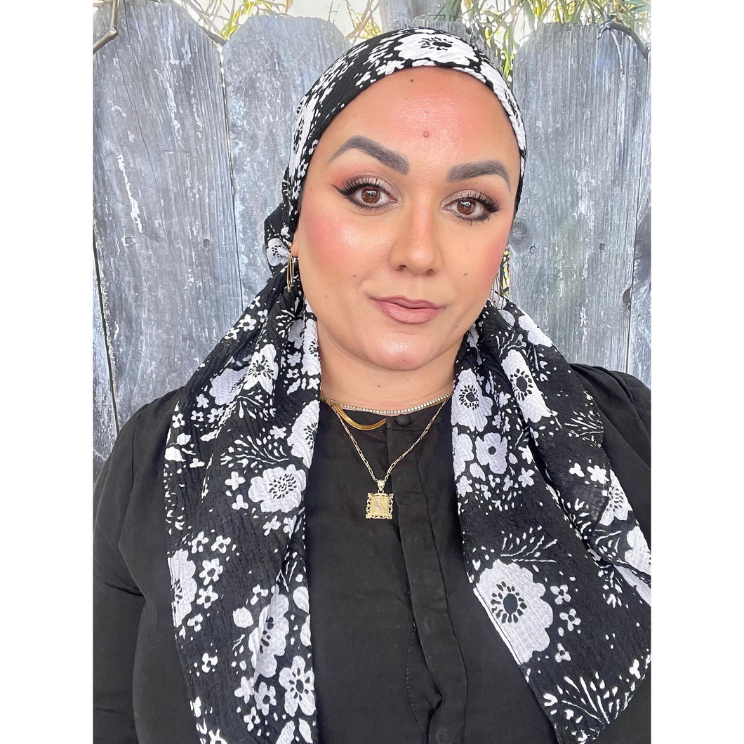 Mod Bloom Waffled Print Square Tichel - Black/White-Squares-The Little Tichel Lady