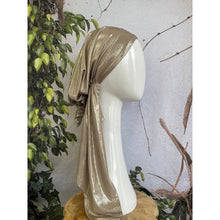 Metallic Stretchy Pretied, Champagne, w/ Long Tails + Velvet Band/Adjustable-Pretieds-The Little Tichel Lady