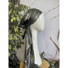 Metallic Stretchy Pretied, Silver, w/ Long Tails + Velvet Band/Adjustable-Pretieds-The Little Tichel Lady