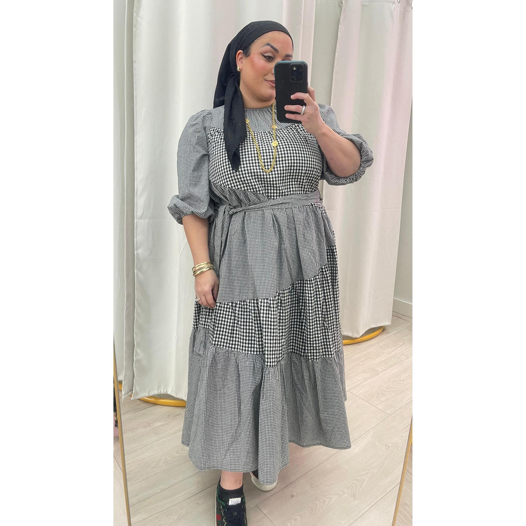 Gingham Cotton Midi Dress - Black Medium Gingham Cotton Midi Dress - Black Medium