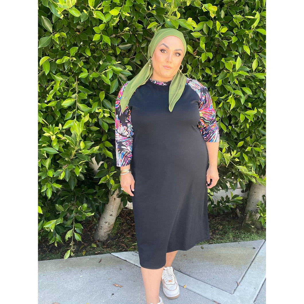 Ladies Modest Swim Dress - Black/Multi, S-3X-dress-The Little Tichel Lady