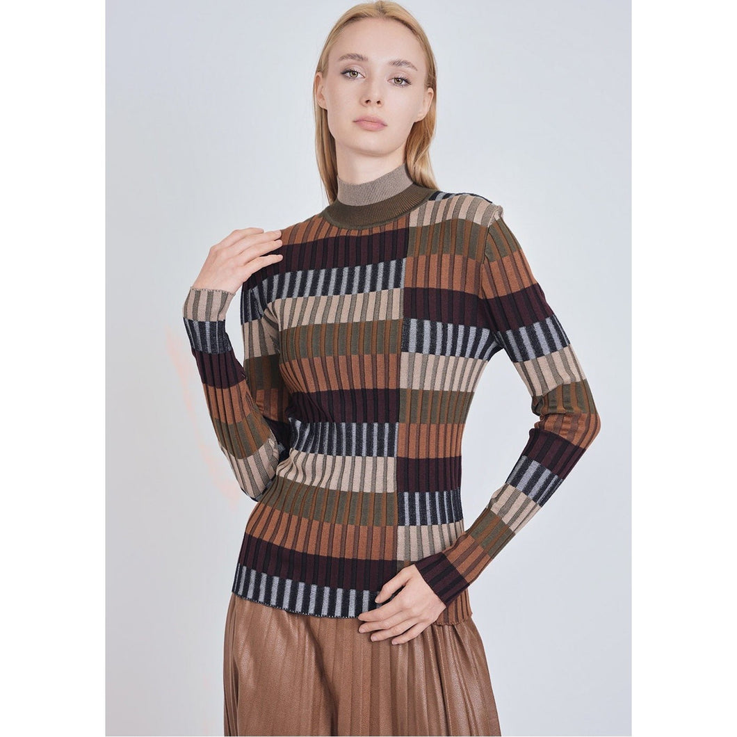 Mock Neck Neutral/Olive Print Sweater-Tops-The Little Tichel Lady