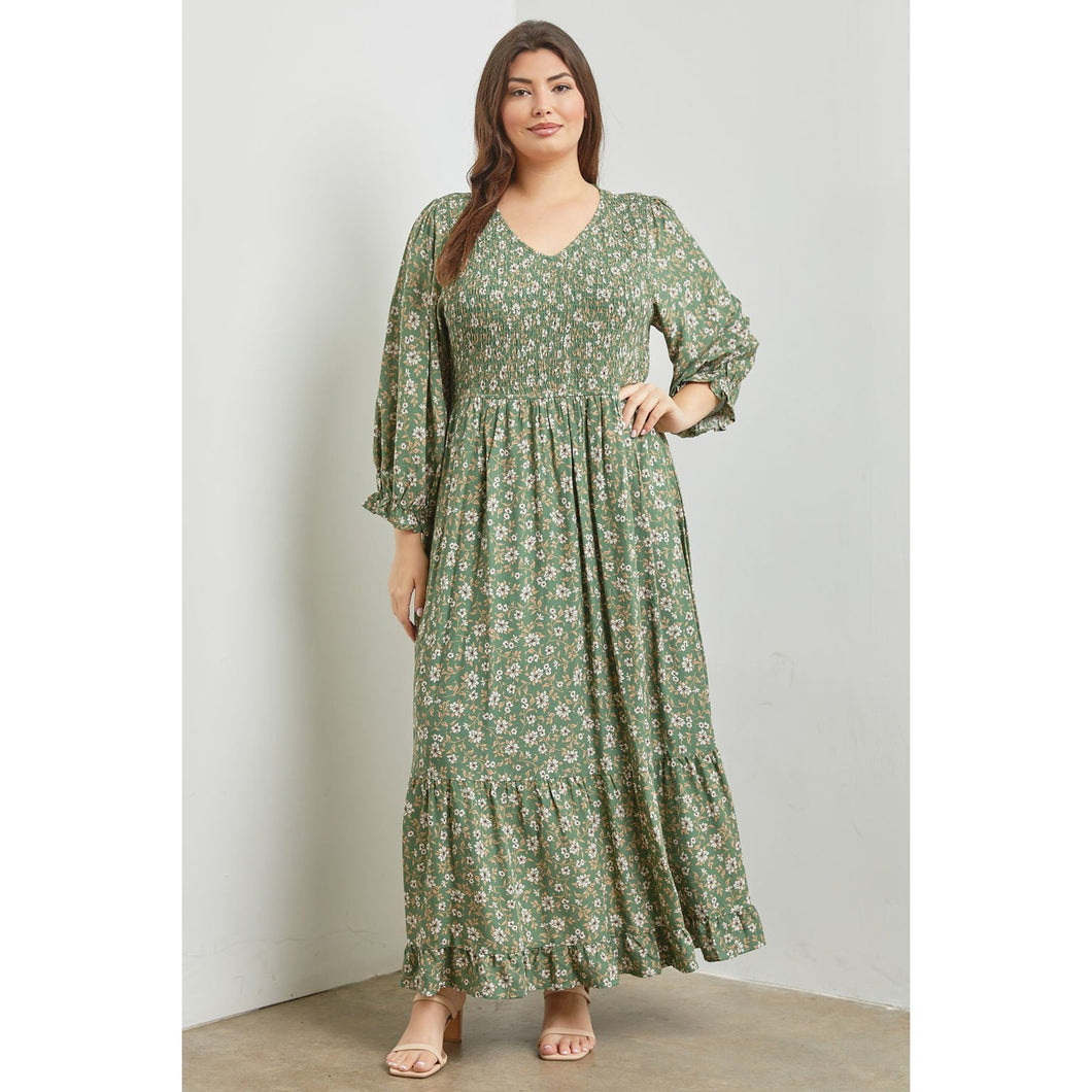 Olive Floral Smocked Maxi Dress - PLUS SIZE-dress-The Little Tichel Lady