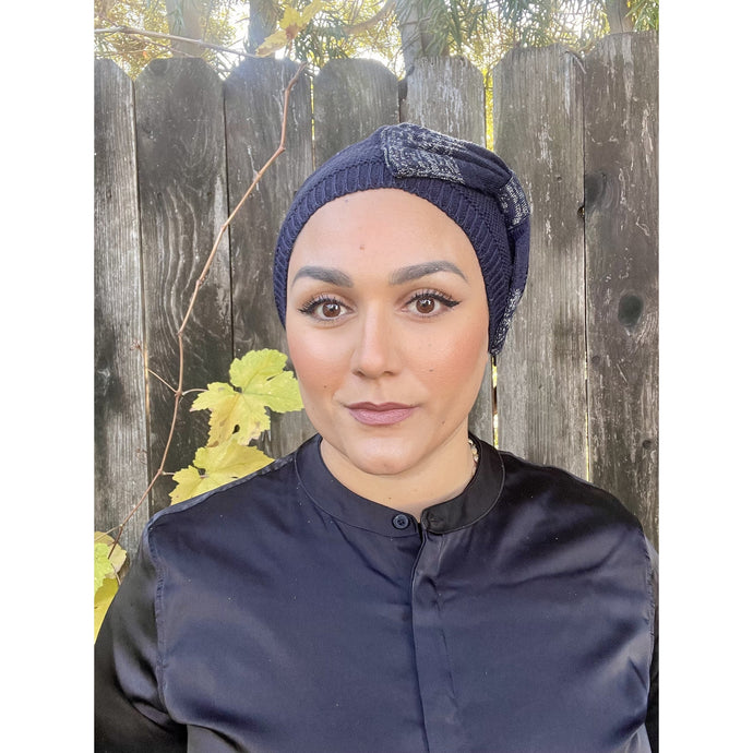 Knitted Bow Beret Head Cover - Navy-Berets/ Snoods-The Little Tichel Lady