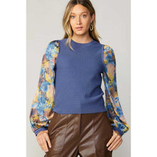Contrast Sleeve Top - Blue-Tops-The Little Tichel Lady