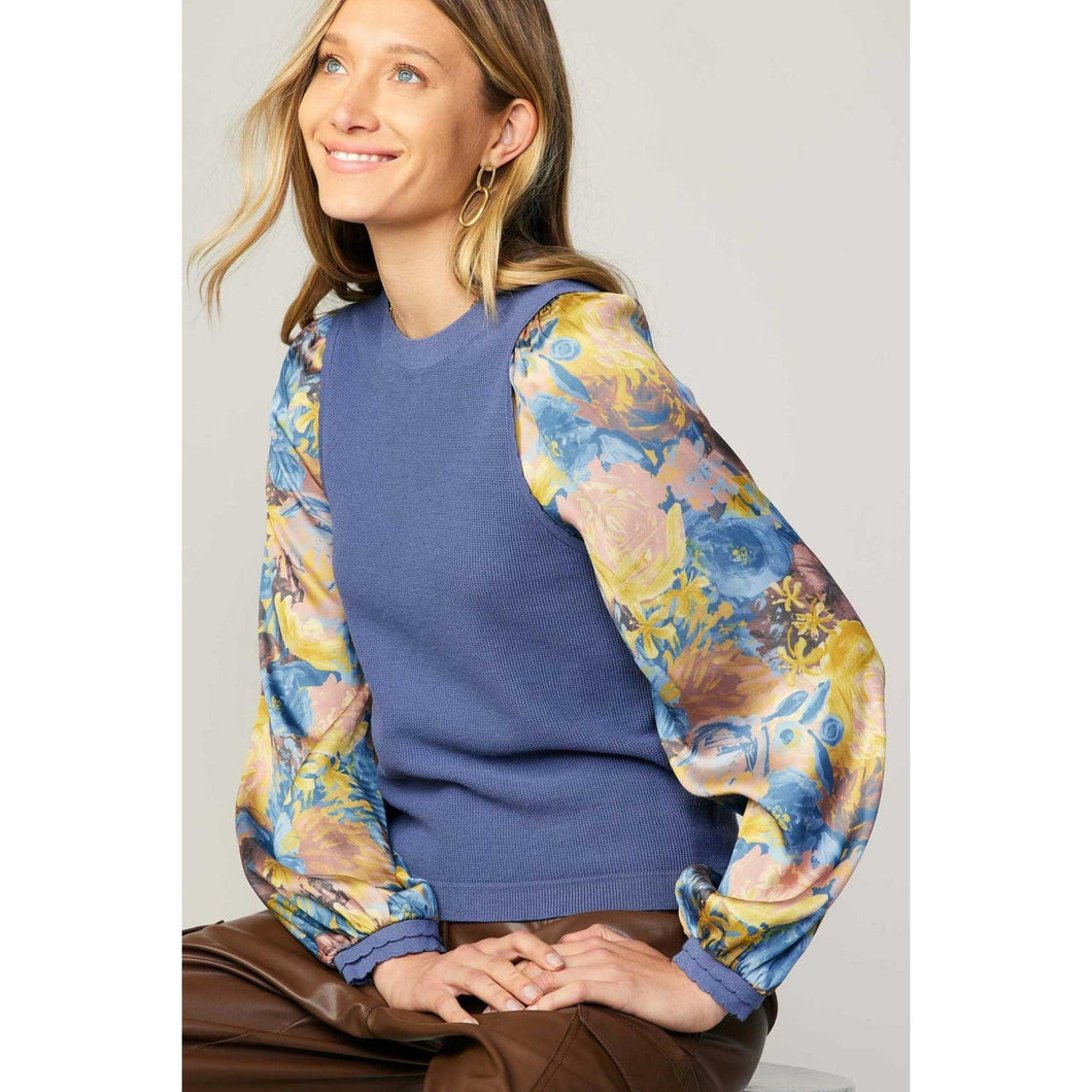 Contrast Sleeve Top - Blue-Tops-The Little Tichel Lady