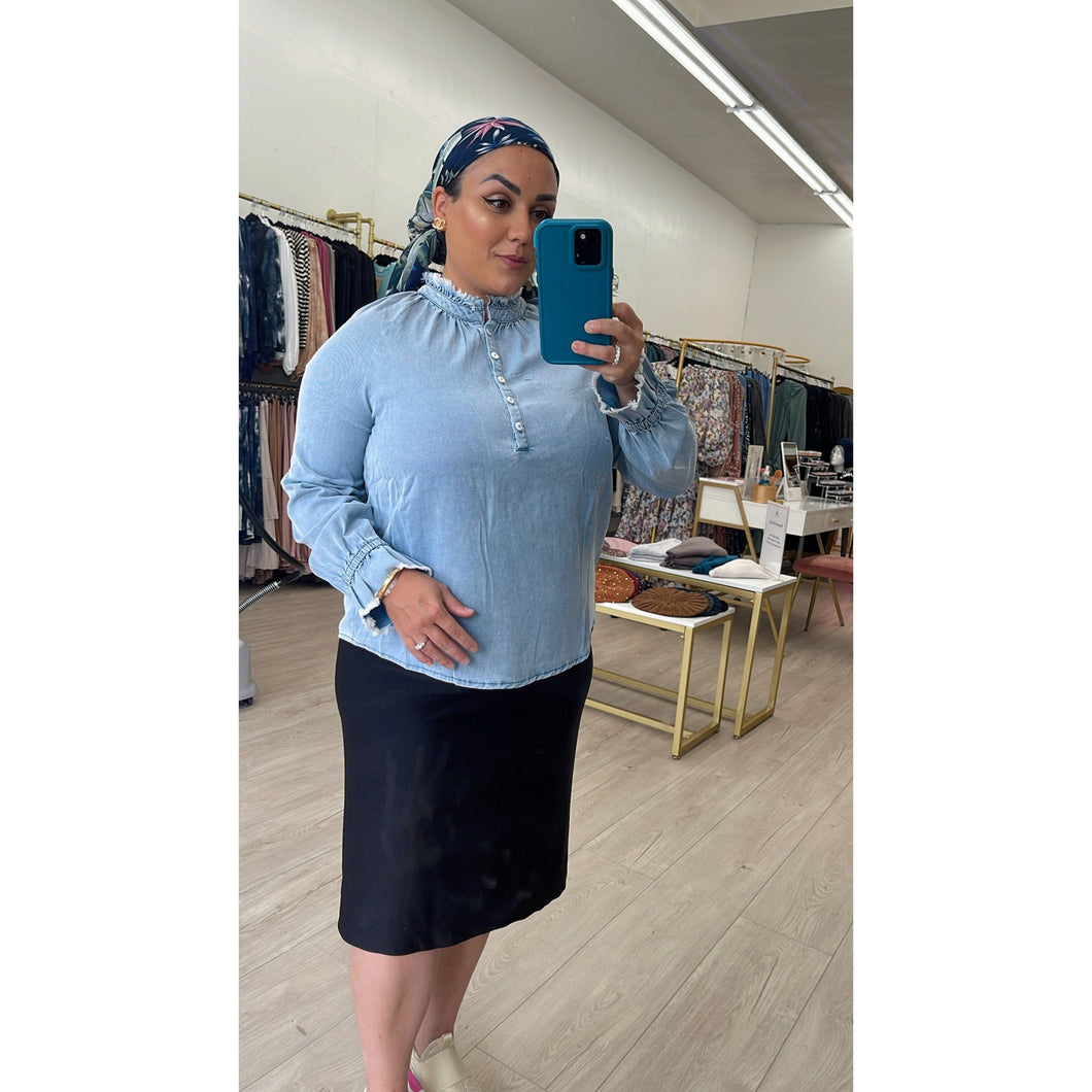 Faux Denim Top w/ Frayed Details-Tops-The Little Tichel Lady