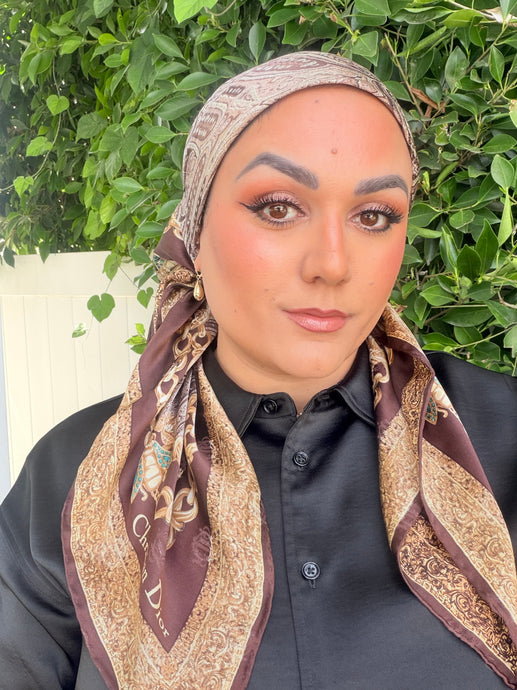 Dior Authentic Designer Headscarf, Brown and Gold-Designer headscarf-The Little Tichel Lady