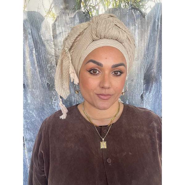 Cozy Israeli Waffled + Tassel Details Headwrap - Chai-Long Wrap-The Little Tichel Lady