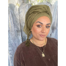 Cozy Israeli Waffled + Tassel Details Headwrap - Olive-Long Wrap-The Little Tichel Lady