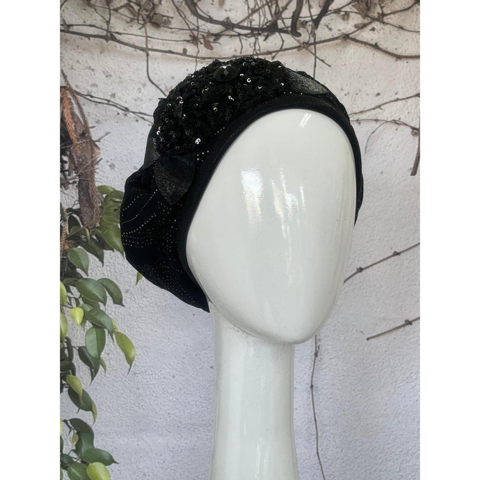 Embellished Hat - Size #2 Black Print Sequins-Hat-The Little Tichel Lady