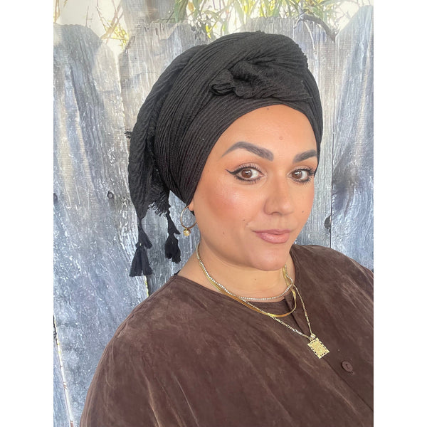 Cozy Israeli Waffled + Tassel Details Headwrap - Black-Long Wrap-The Little Tichel Lady