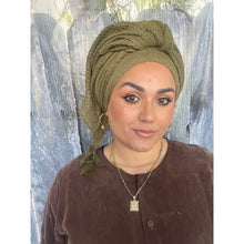 Cozy Israeli Waffled + Tassel Details Headwrap - Olive-Long Wrap-The Little Tichel Lady