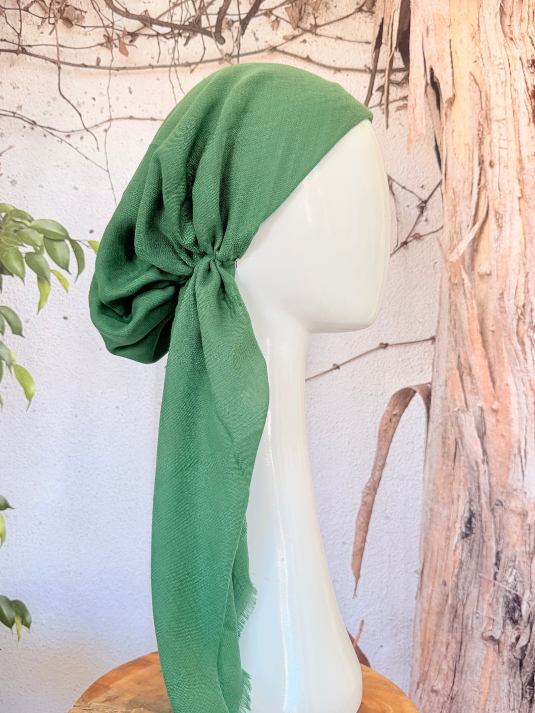 Turkish Cotton Textured NON-SLIP Print Pretied w/ Long Tails - Muted Kelly Green