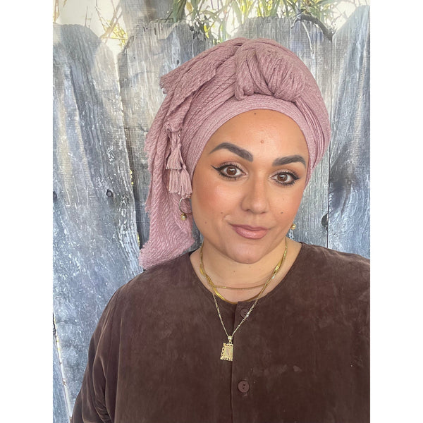 Cozy Israeli Waffled + Tassel Details Headwrap - Antique Pink-Long Wrap-The Little Tichel Lady