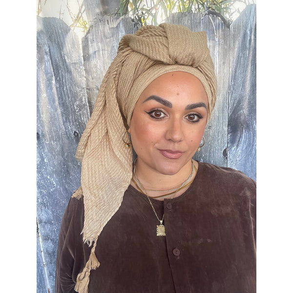 Cozy Israeli Waffled + Tassel Details Headwrap - Mocha-Long Wrap-The Little Tichel Lady