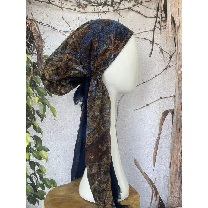 Turkish Cotton Textured Print Pretied w/ Long Tails - Navy-pretieds-The Little Tichel Lady