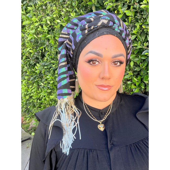 Exquisite Sequins Headwrap - Black/Diesel-Long Wrap-The Little Tichel Lady