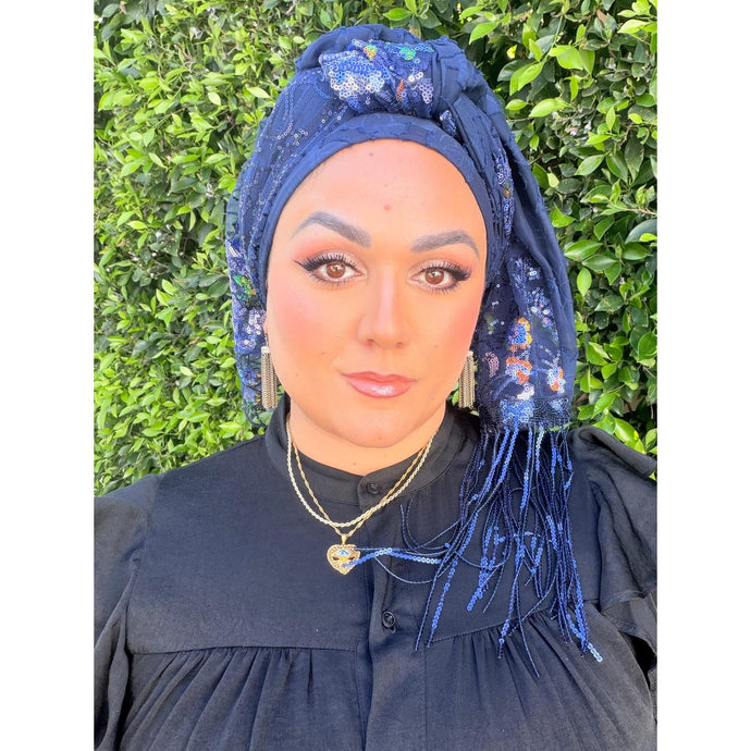 Exquisite Sequins & Floral Headwrap - Navy-Long Wrap-The Little Tichel Lady