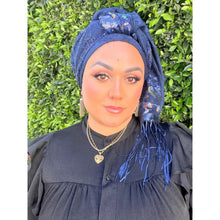 Exquisite Sequins & Floral Headwrap - Navy-Long Wrap-The Little Tichel Lady