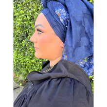 Exquisite Sequins & Floral Headwrap - Navy-Long Wrap-The Little Tichel Lady