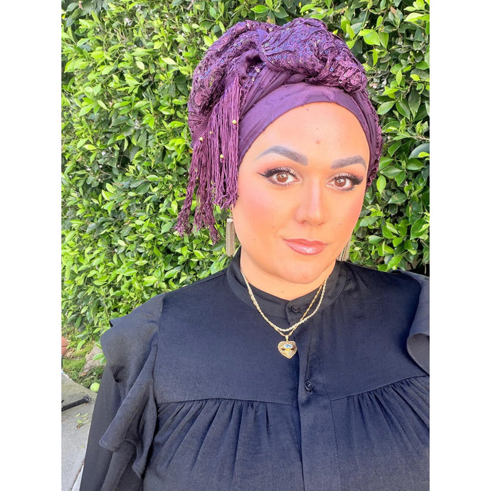 Exquisite Sequins & Floral Headwrap - Deep Eggplant-Long Wrap-The Little Tichel Lady