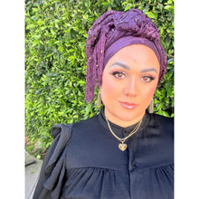Exquisite Sequins & Floral Headwrap - Deep Eggplant-Long Wrap-The Little Tichel Lady