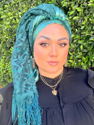Exquisite Sequins & Lace Headwrap - Teal-Long Wrap-The Little Tichel Lady