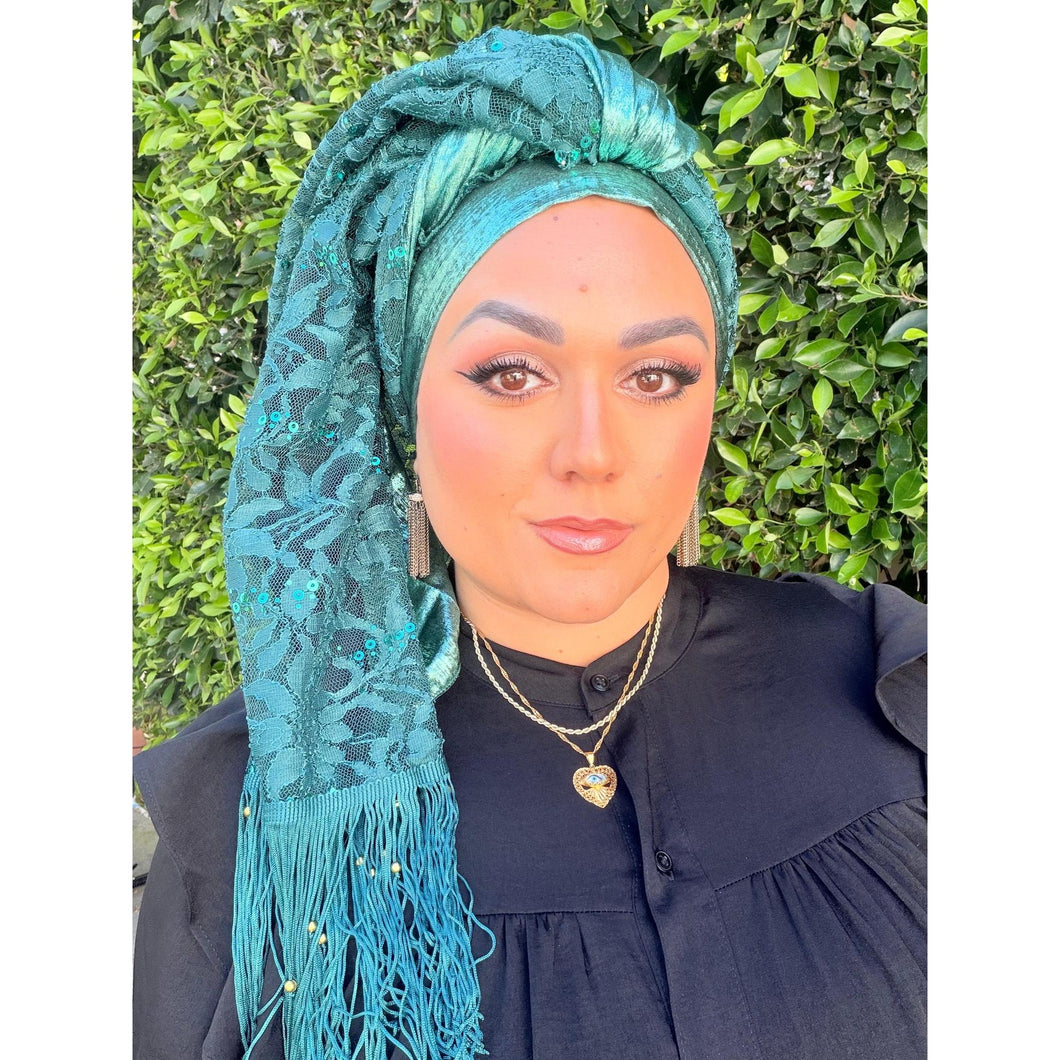 Exquisite Sequins & Lace Headwrap - Teal-Long Wrap-The Little Tichel Lady