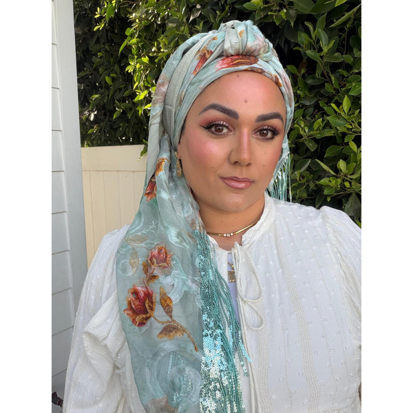 Exquisite Oversized Luxe Square - Aqua Floral-Squares-The Little Tichel Lady