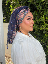 Exquisite Sequins & Floral Headwrap - Navy Print-Long Wrap-The Little Tichel Lady
