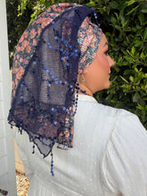 Exquisite Sequins & Floral Headwrap - Navy Print-Long Wrap-The Little Tichel Lady