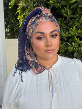 Exquisite Sequins & Floral Headwrap - Navy Print-Long Wrap-The Little Tichel Lady