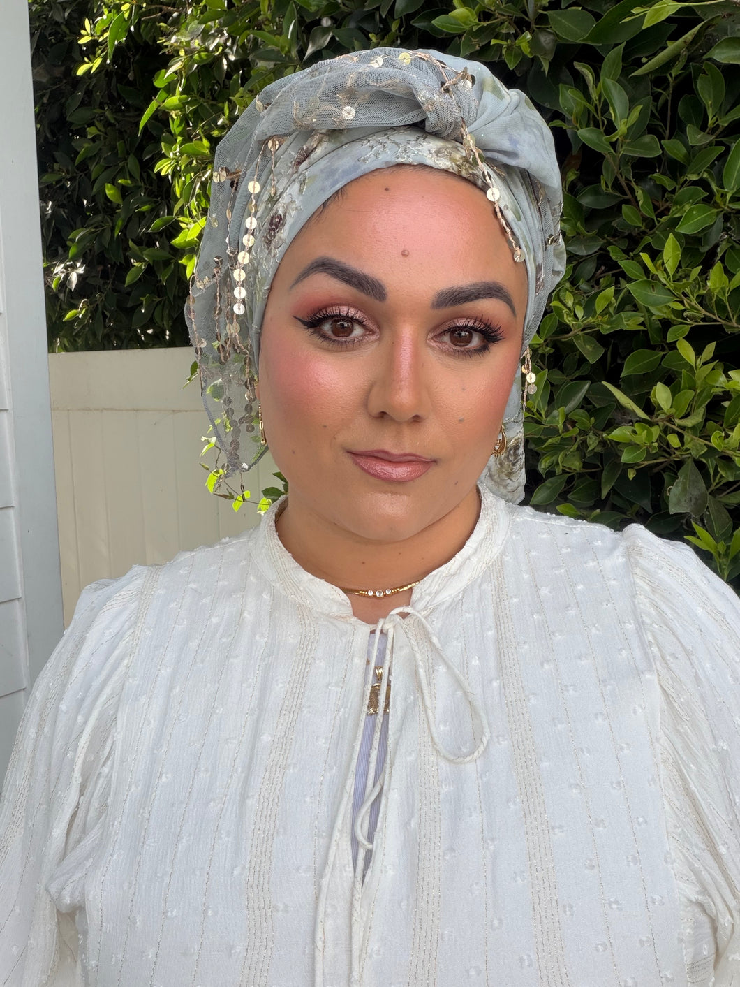 Exquisite Sequins & Floral Headwrap - Dusty Blue-Long Wrap-The Little Tichel Lady