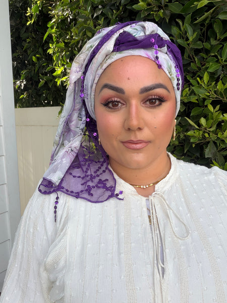 Exquisite Sequins & Floral Headwrap - Purple Floral-Long Wrap-The Little Tichel Lady