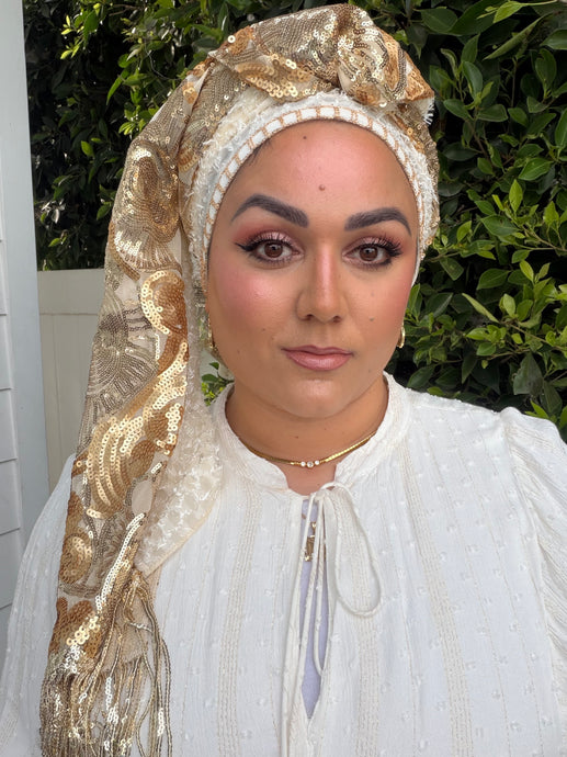 Exquisite Sequins & Floral Headwrap - Gold & Off-White-Long Wrap-The Little Tichel Lady