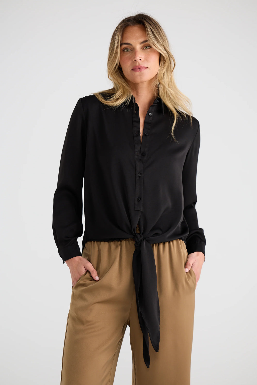 Versatile Satin Blouse - Black-Tops-The Little Tichel Lady