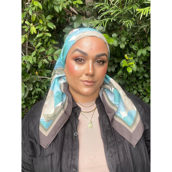 Blushing Orchid Lightweight Square Tichel - Olive/Sky Blue-Squares-The Little Tichel Lady