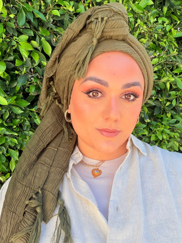 Featherlight XL Tassel Square - Olive-Squares-The Little Tichel Lady